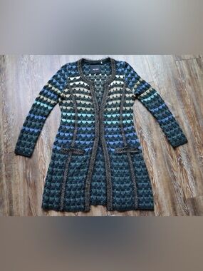 NIC+ZOE Womens Fuzzy Boho Peacock Toned Soft Knit Textured Open Front Cardigan M